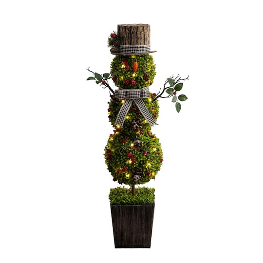 Nearly Natural 3.5ft. Pre-Lit Artificial Christmas Boxwood Snowman Topiary Tree in Decorative Planter